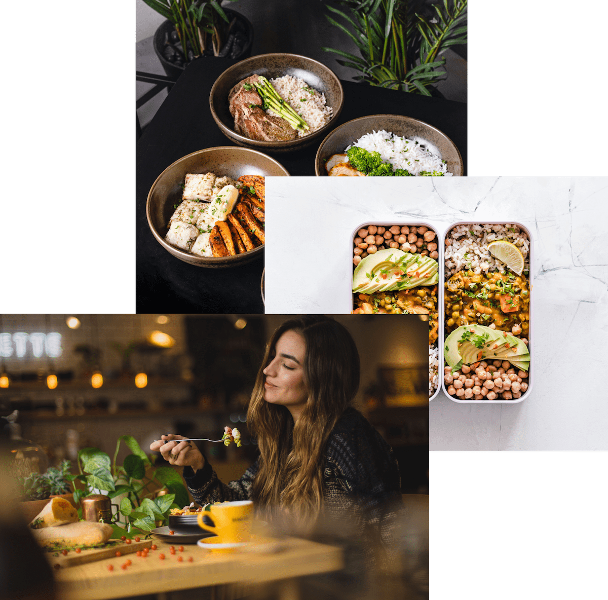 Woman enjoying food, meals in storage container, and food bowls on a table.